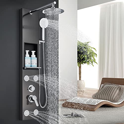 AWorddy Columna de ducha de hidromasaje negra sin mezclador moderno panel de ducha con estante, alcachofa y ducha para bañera de baño, acero inoxidable