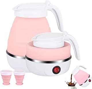 Jooheli Hervidor Eléctrico Plegable, 600ML Calentador de Agua Portatil con 2 Vasos Plegables, Hervidor Agua Electrico Pequeño, Hervidor de Agua Eléctrico Silicona, Hervidor Eléctrico Plegable (Rosado)