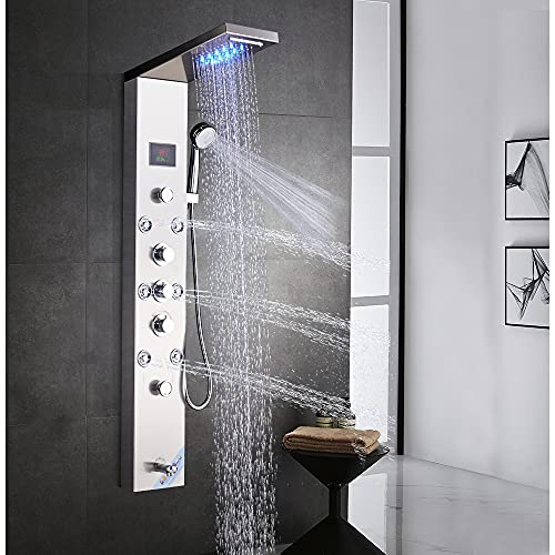 LED Columna de ducha hidromasaje panel de ducha Set con 5 funciones de 304 acero inoxidable, mezclador de masaje, cabezal fijo, ducha y boca bañera para baño