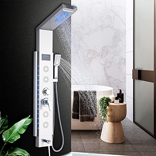 AWorddy,Panel de ducha de hidromasaje para bañera con 5 en 1 funciones LED, columna de ducha, set de 304 acero inoxidable con pantalla LCD, mezclador de bañera, alcachofa de ducha en cascada plateada
