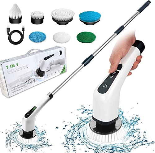 FARI Spin Scrubber Eléctrico, Cepillo de Limpieza Eléctrico con 7 Cabezales de Cepillo y Barra de Extensión, para Bañera,Azulejo,Piso, Pared de Baño y Cocina