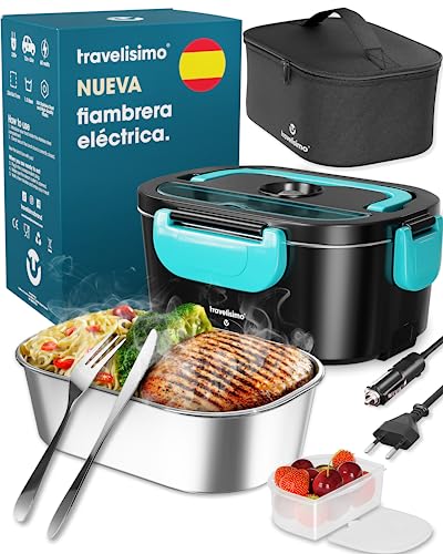 TRAVELISIMO Fiambrera Termica Electrica 3 en 1 80W para Coche Camión y Trabajo 220V+12V, Calienta Comida en Minutos, Termo Comida Caliente Acero Inoxidable 1.5L, Tartera Eléctrica Portatil