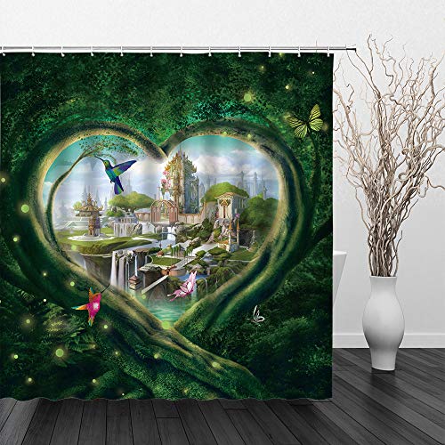 BCNEW Juego de cortinas de ducha con diseño de castillo de fantasía, hojas verdes, flores moradas, mariposas, pájaros, tigre, muro de agua, flores de primavera, cascada, cerezo, fuegos