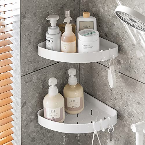 Toski Estante de Ducha de Esquina,2 Piezas Estanteria Baño Sin Taladro,Estanteria Pared Para Baño Y Cocina,estanteria baño con 4 ganchos,Estanteria de Esquina Ducha Sin Taladros