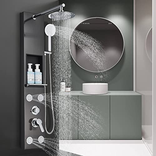 Columna de ducha hidromasaje negra con boquillas de masaje columna de ducha multifunción panel de ducha ajustable con estante para baño de acero inoxidable