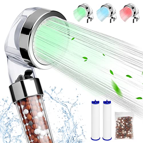 zelaby Cabezal de ducha LED, antical, de alta presión, ahorro de agua, 2 modos de filtro, 3 variaciones de color, tamaño universal, adecuado para adultos y niños, para un baño saludable