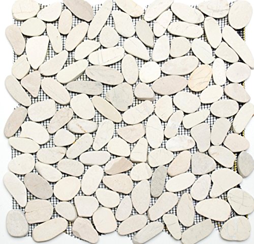 Mosaico de guijarros cortados, color blanco, crema, piedra de río, alfombra de piedra, mosaico, mampara de ducha, plato de ducha – 10 alfombrillas