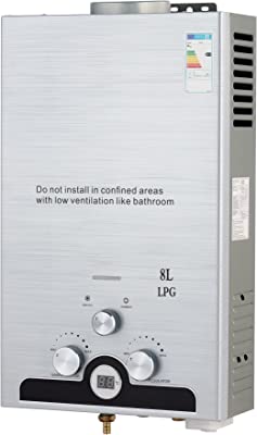 CO-Z 8L Calentador de Agua Butano Calentador de Agua LPG Instantáneo, Certificado CE, Calentador de Agua de Gas Licuado de Petróleo sin Tanque